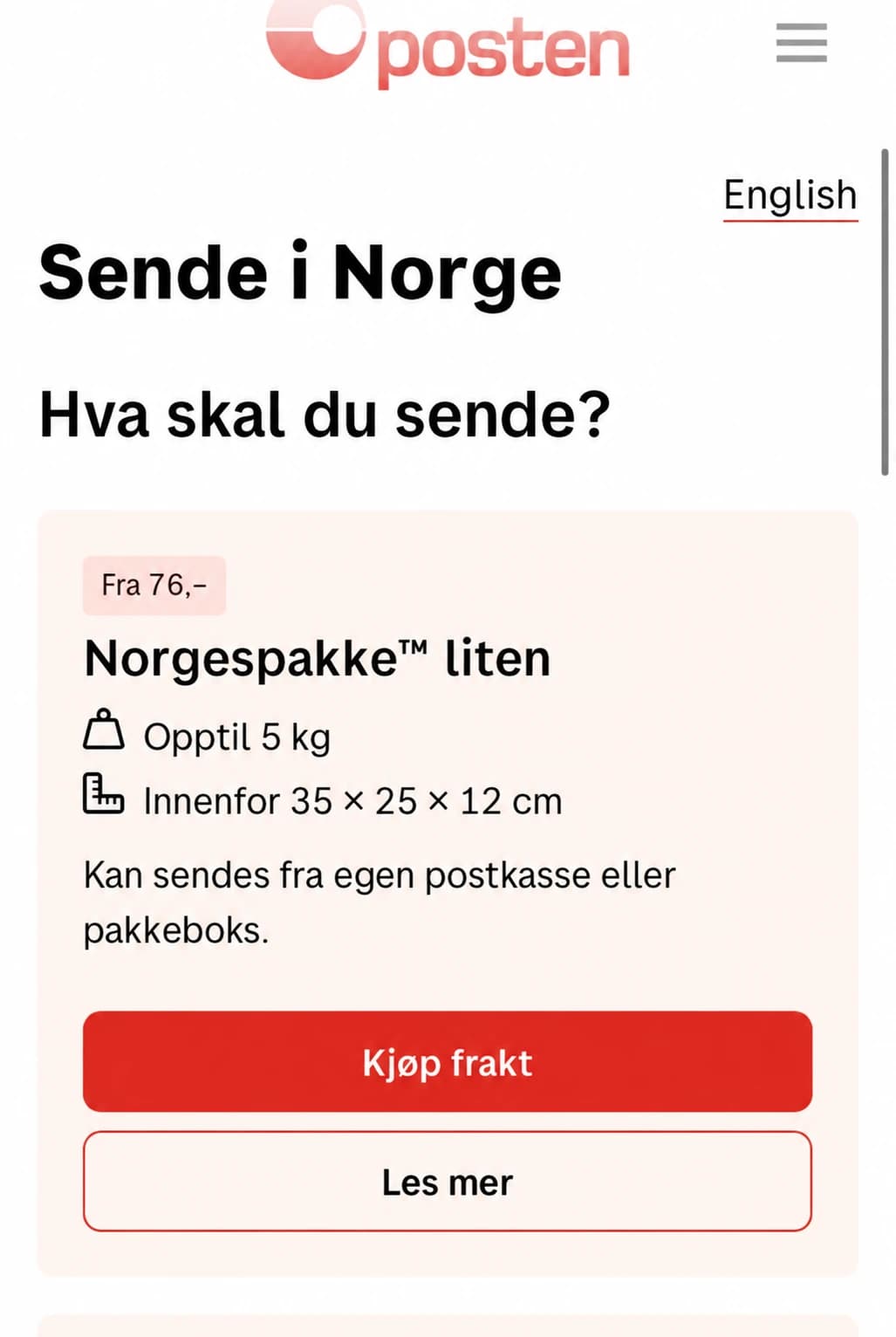 Postens oversikt over Norgespakke liten med knappen Kjøp frakt.