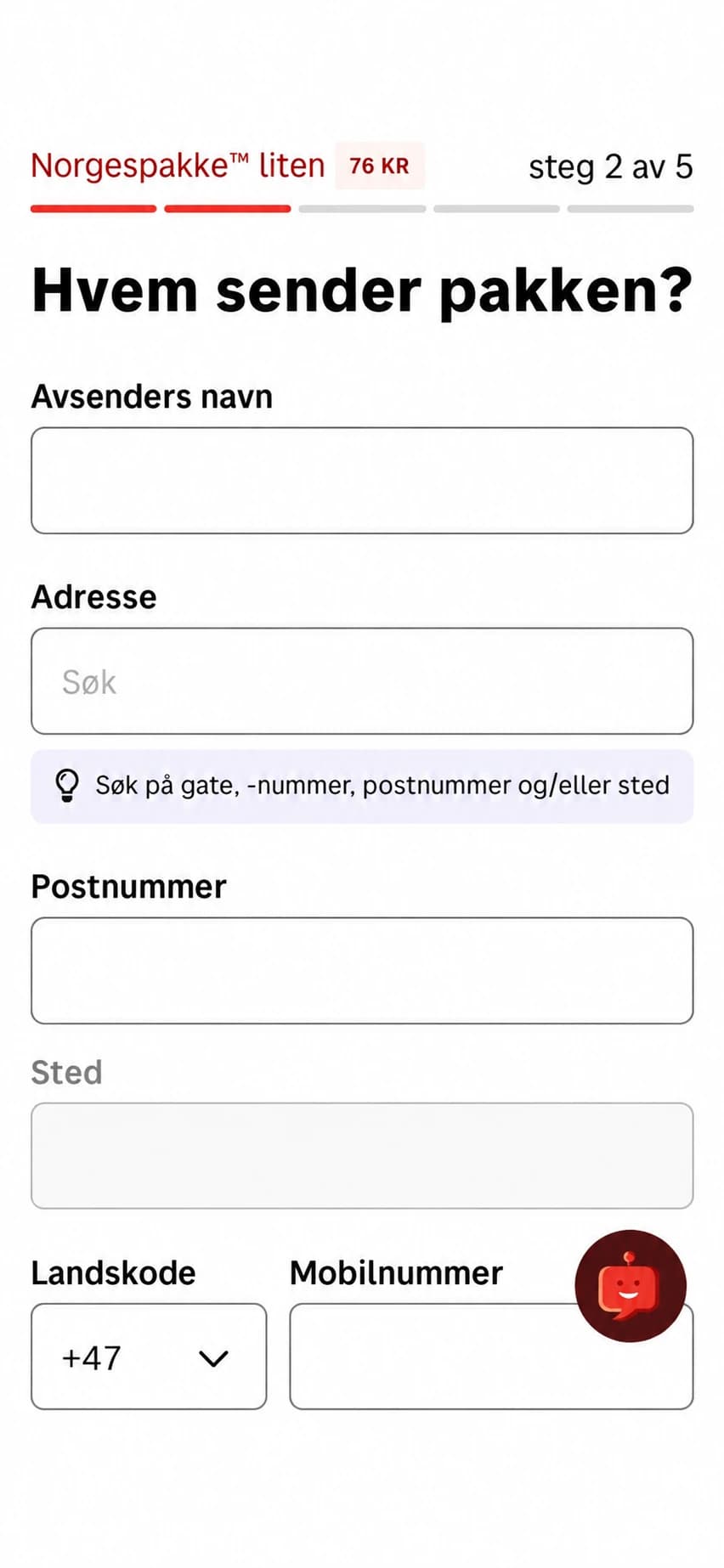Avsenderskjema med tomme felt for navn, adresse, postnummer, sted og mobilnummer.