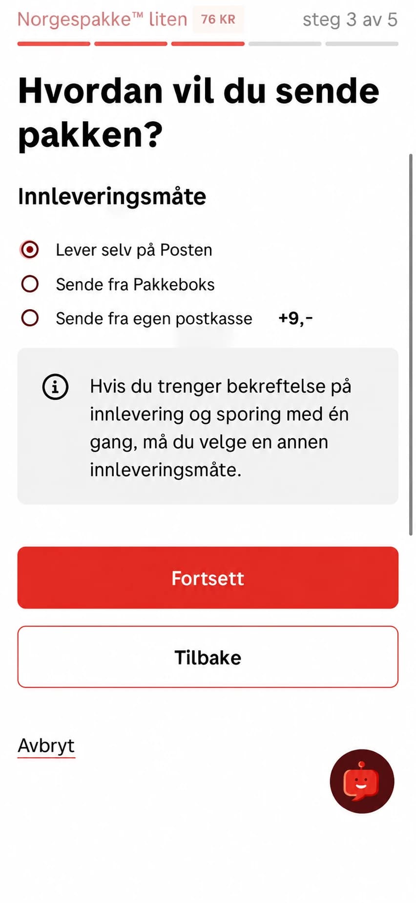 Innleveringsmåten Lever selv på Posten er valgt. Knappen Fortsett vises under valgene.