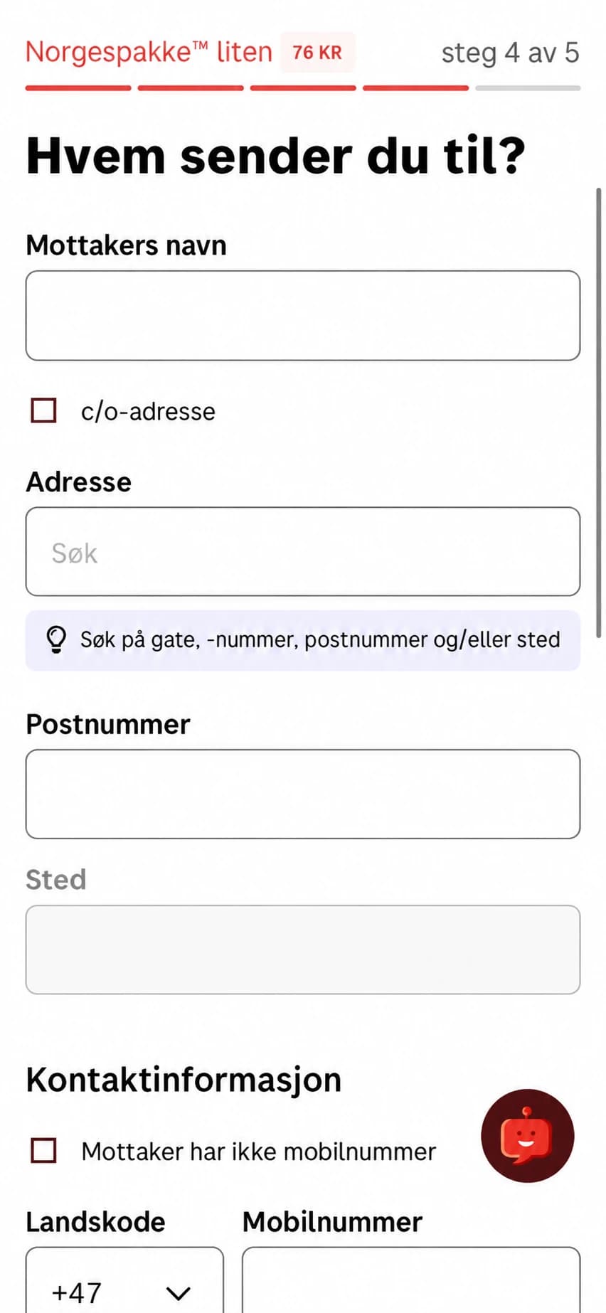 Mottakerskjema med tomme felt for navn, adresse, postnummer, sted og kontaktinformasjon.